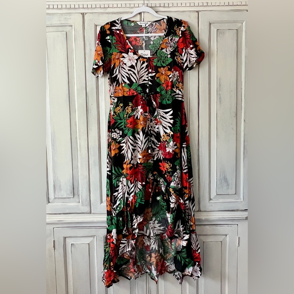 🟠NWT DAVI & DANI Front Slit Ruffle Bottom Maxi Dress in Black Floral MED